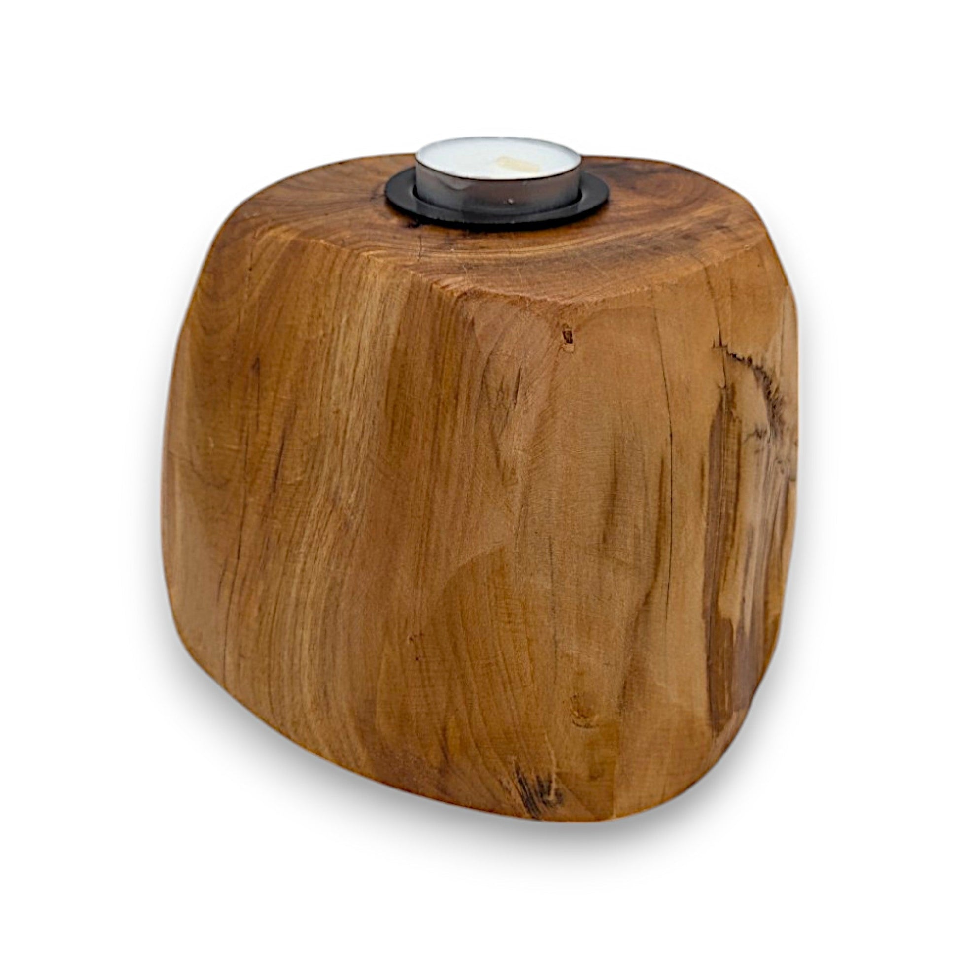 Wooden tea light candle holder with rustic charm, 4"H x 6.5"L, enhances home decor.