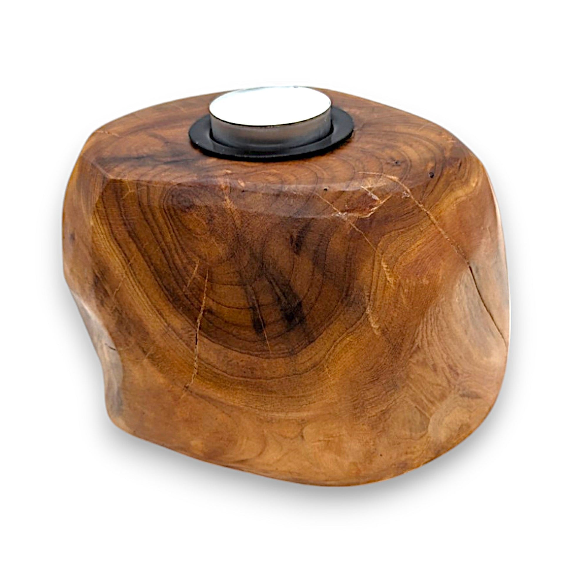 Wooden tea light candle holder with rustic charm and elegant design.