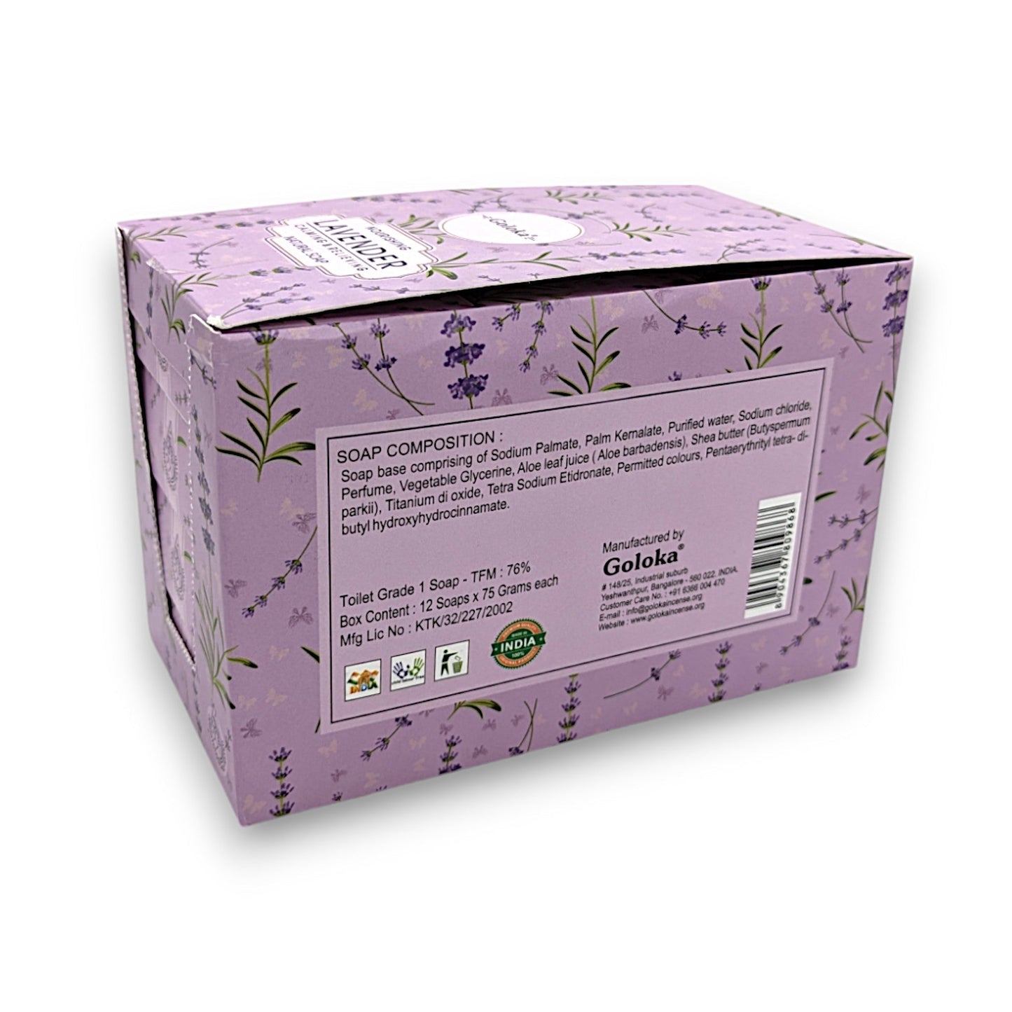 GOLOKA Lavender Natural Soap box with floral design, 12 bars, 75g each.