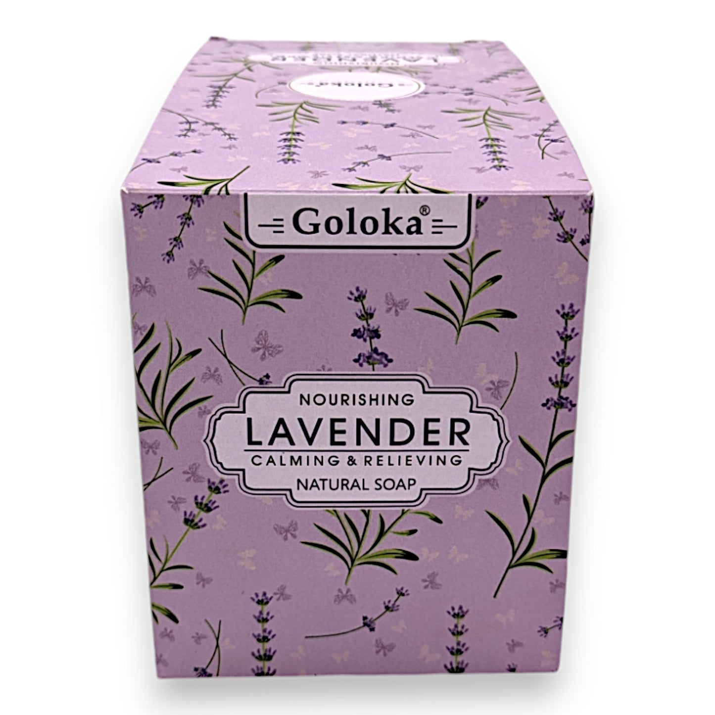 GOLOKA Lavender Natural Soap packaging with floral design, 12 bars, 75g each.