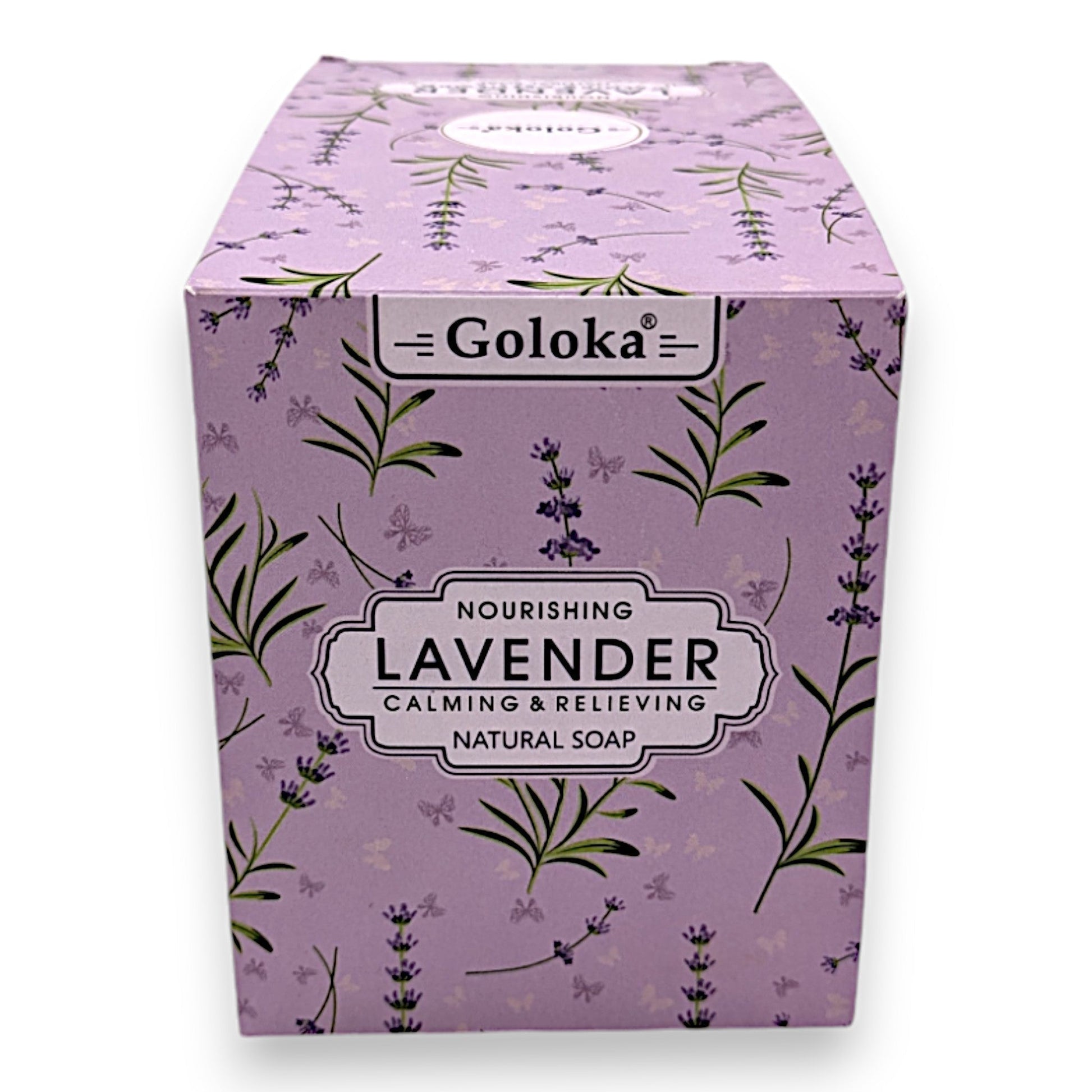 GOLOKA Lavender Natural Soap packaging with floral design, 12 bars, 75g each.