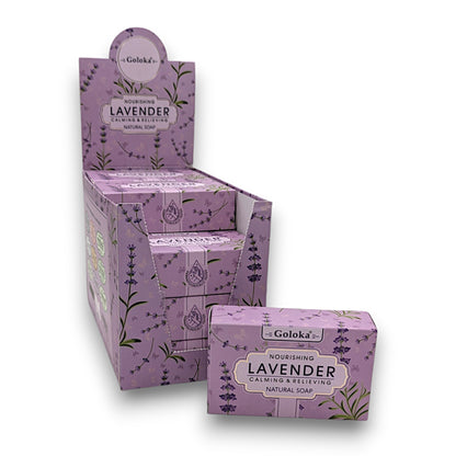 GOLOKA Lavender Natural Soap, premium luxury soap display box with bar in front, 12 bars, 75g each.