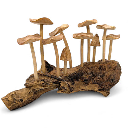 Indonesian carved wood mushroom set with ten hand-crafted mushrooms on rustic wood base.