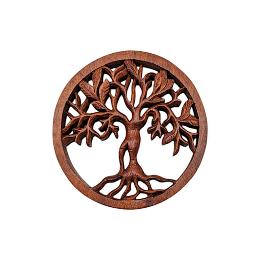 Tree of Life wooden plaque with intricate design, brown, 6-inch diameter.