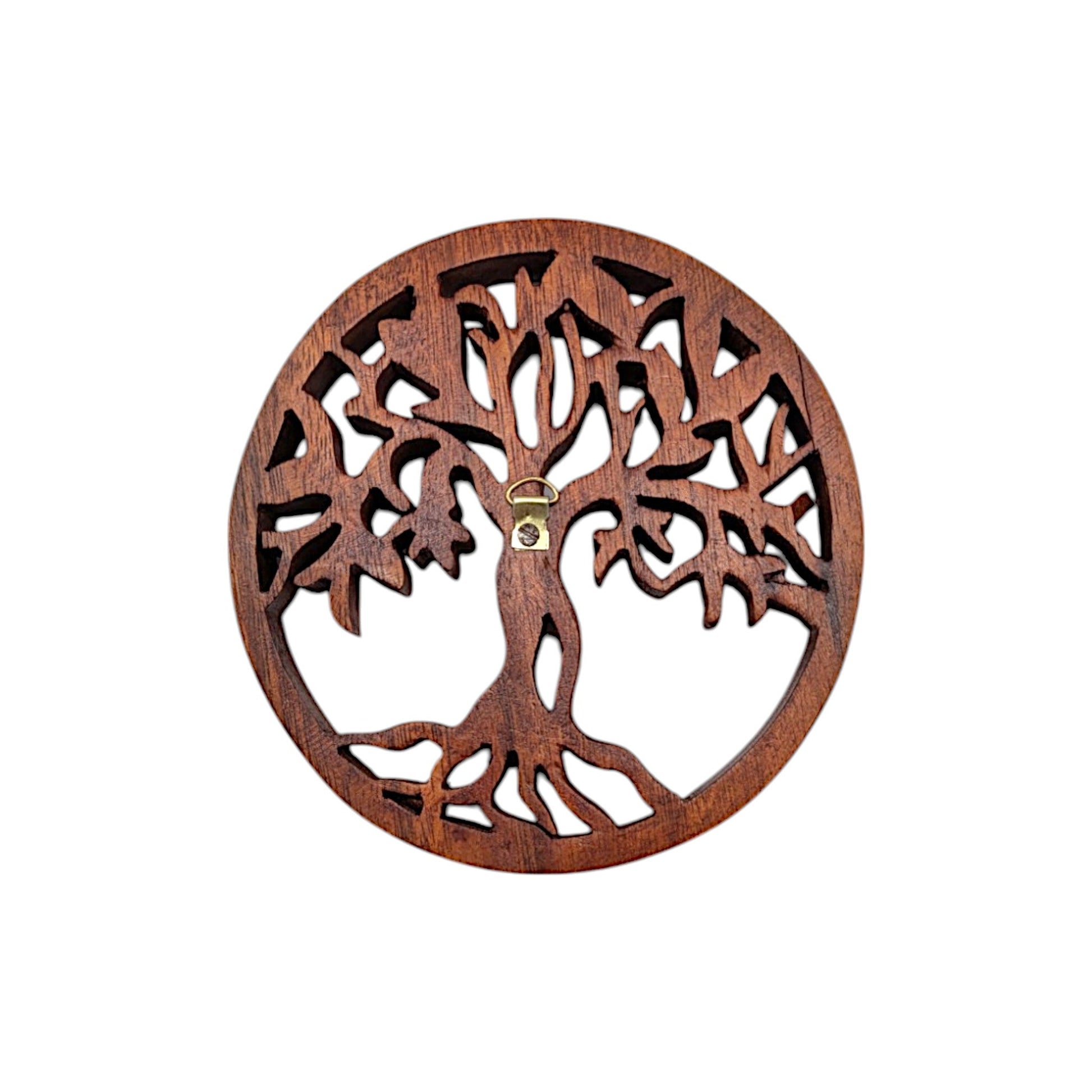 Tree of Life Wooden Plaque, brown, 6" diameter, handcrafted wall decor.