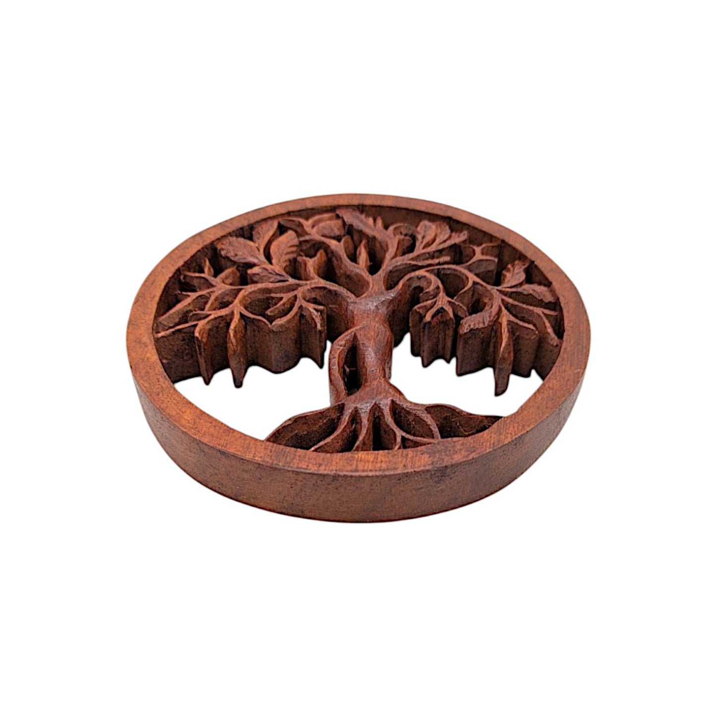 Tree of Life Wooden Plaque, brown, 6-inch diameter, nature-inspired wall decor.