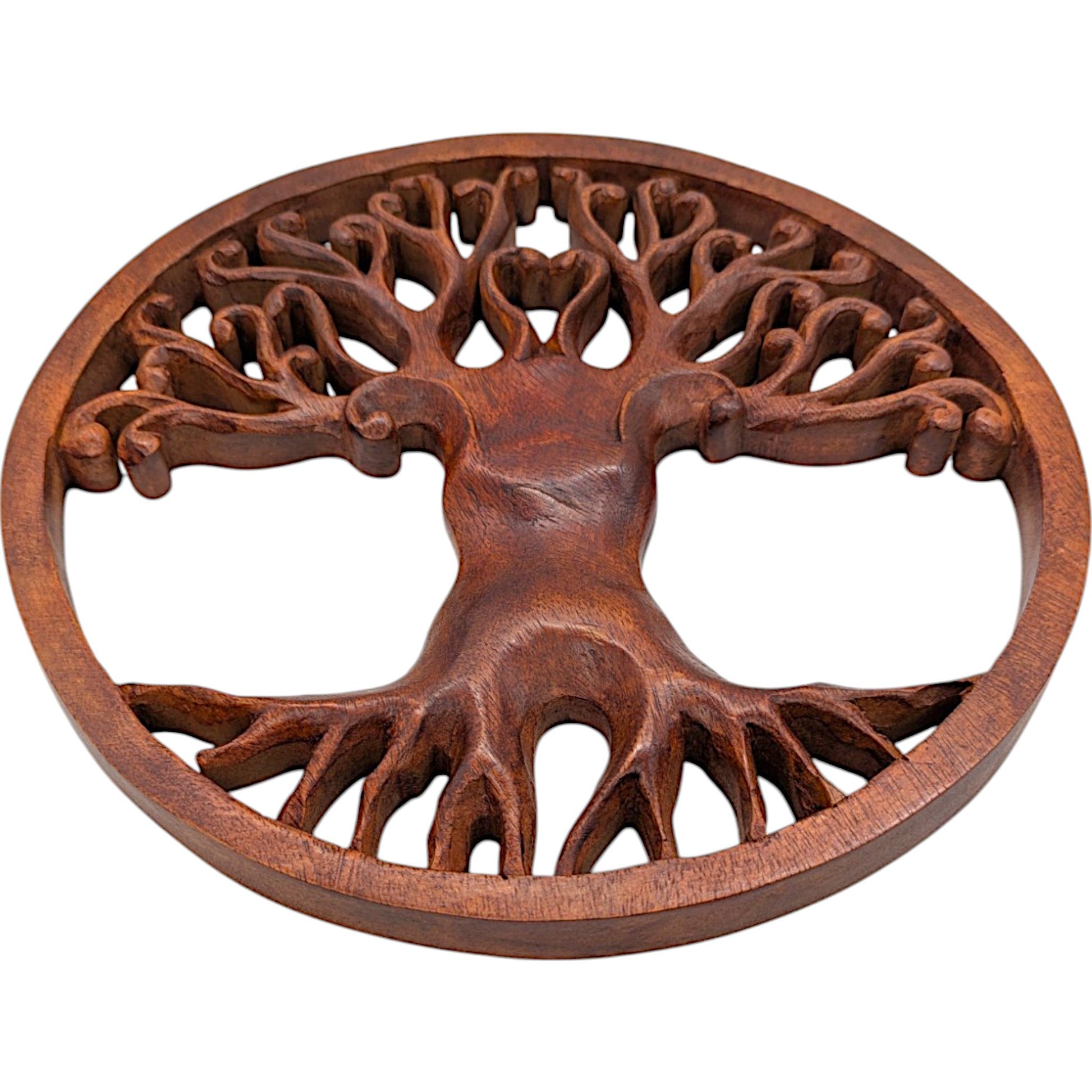 Tree of Life wooden plaque, brown, 11.5-inch diameter, nature-inspired wall decor.