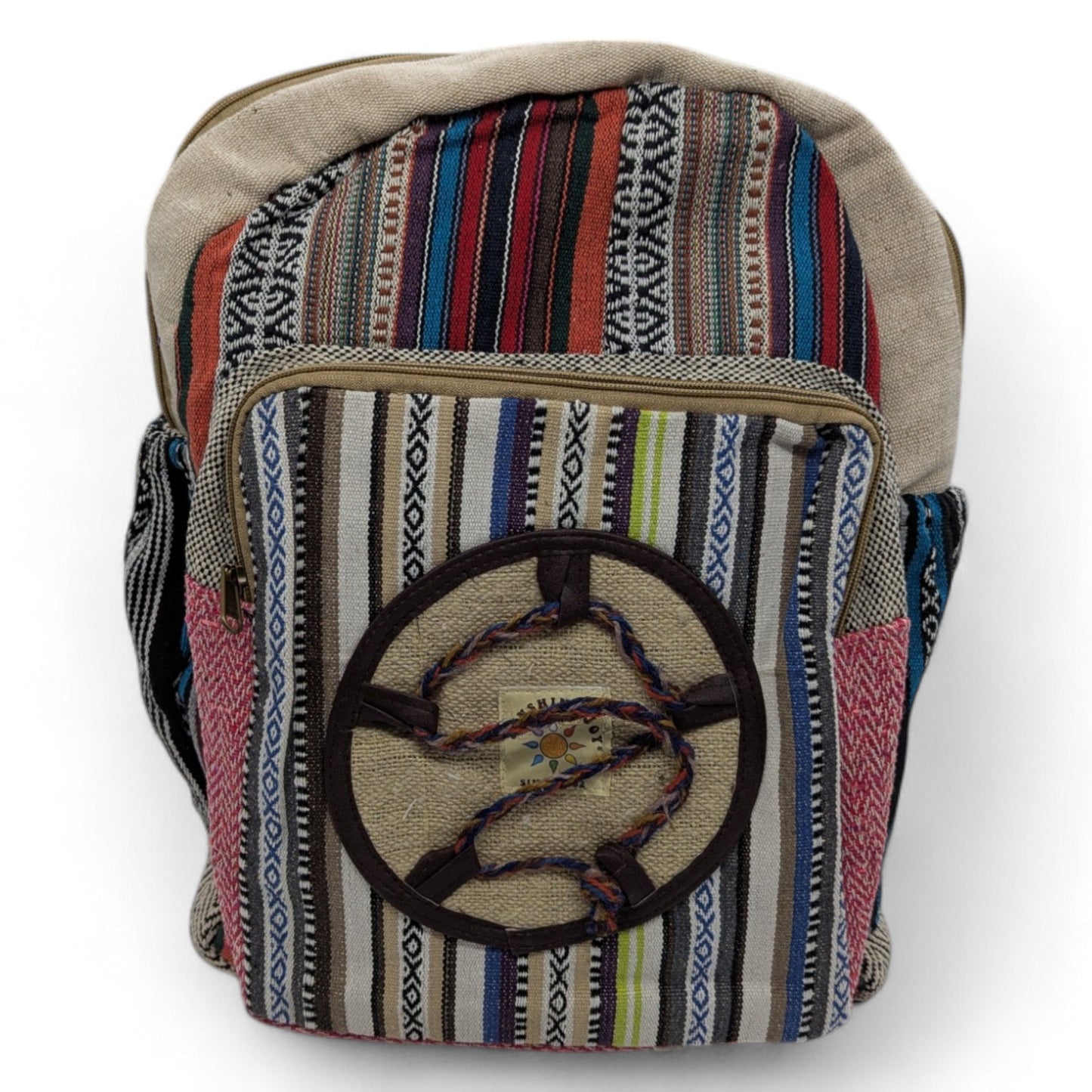 Woven hemp backpack with colorful striped design, featuring sturdy straps and multiple pockets.