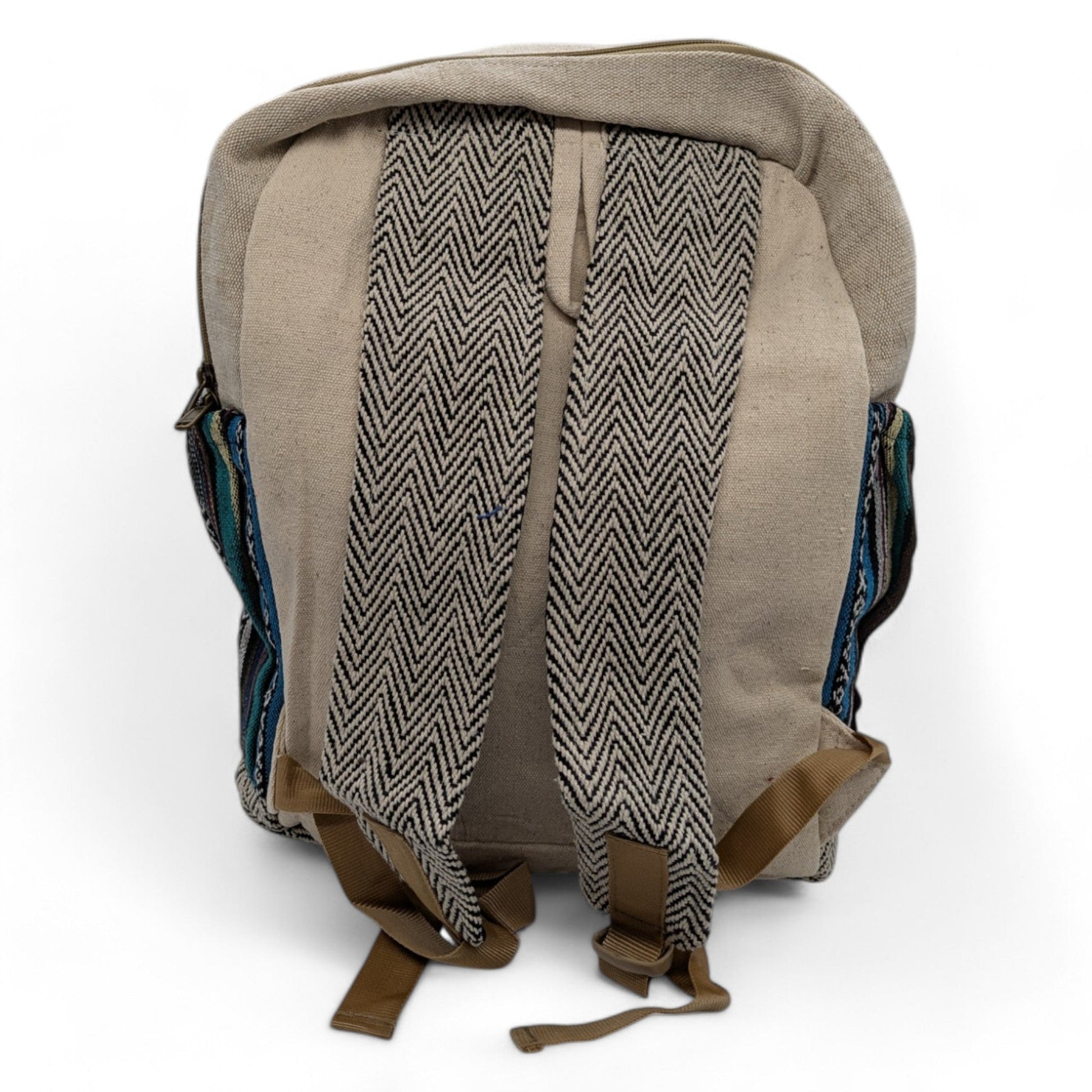 Eco-friendly woven hemp backpack with sturdy shoulder straps and spacious pockets, ideal for adventures.