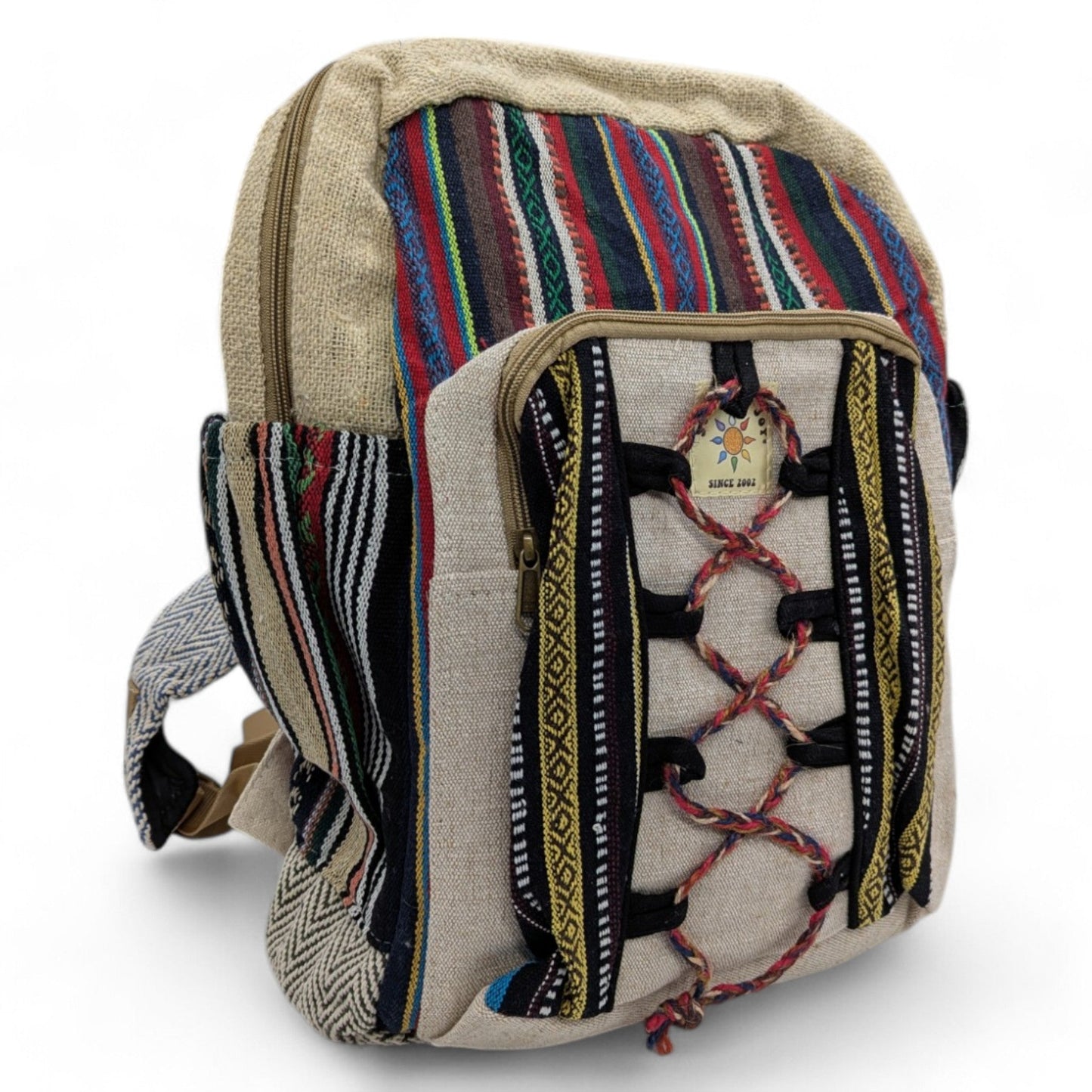 Eco-friendly hemp-style backpack with colorful stripes and Sunshine Joy label.