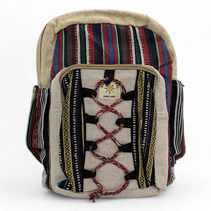 Hemp-style backpack with colorful tribal patterns and Sunshine Joy label.