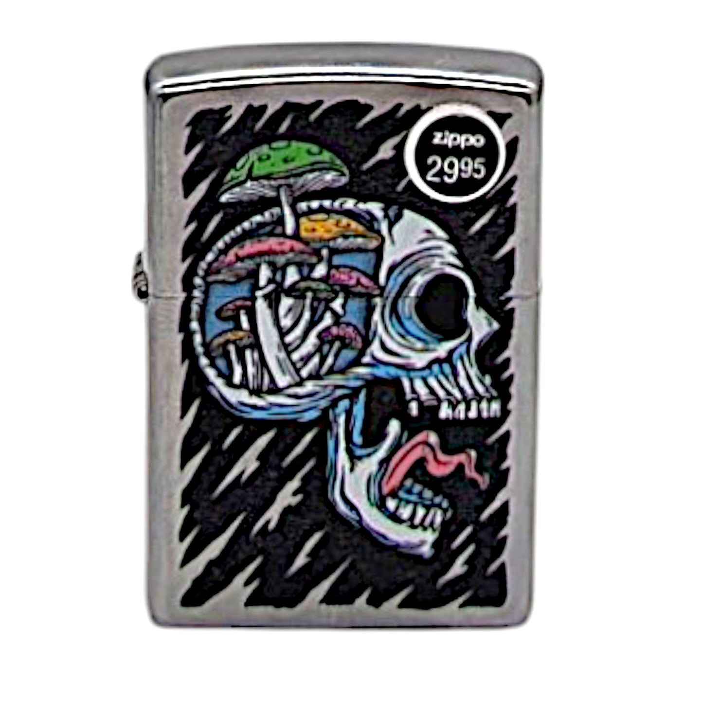 Mushroom Skull Zippo Lighter with artistic skull and mushroom design.