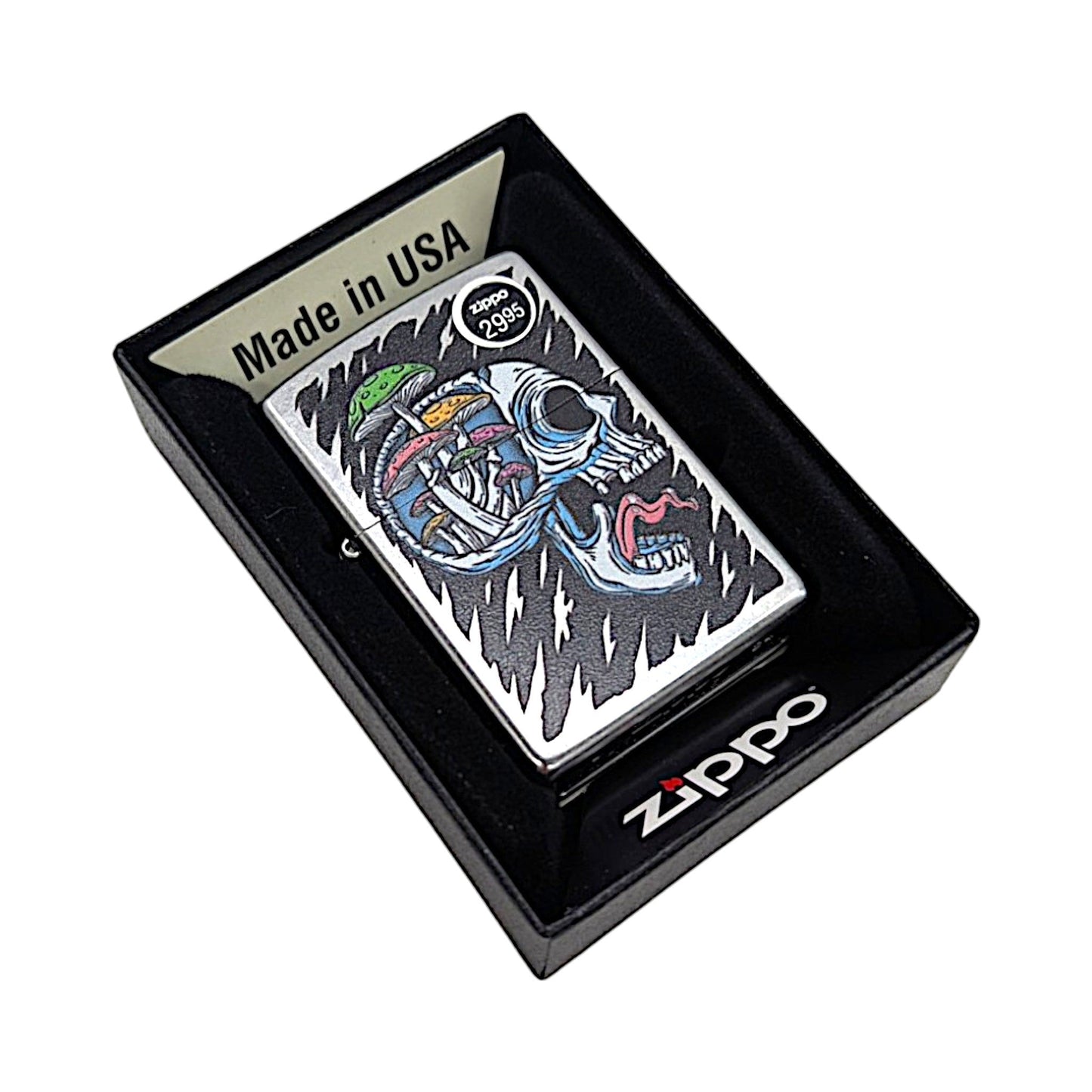 Mushroom Skull Zippo Lighter with artistic design in box, made in USA.