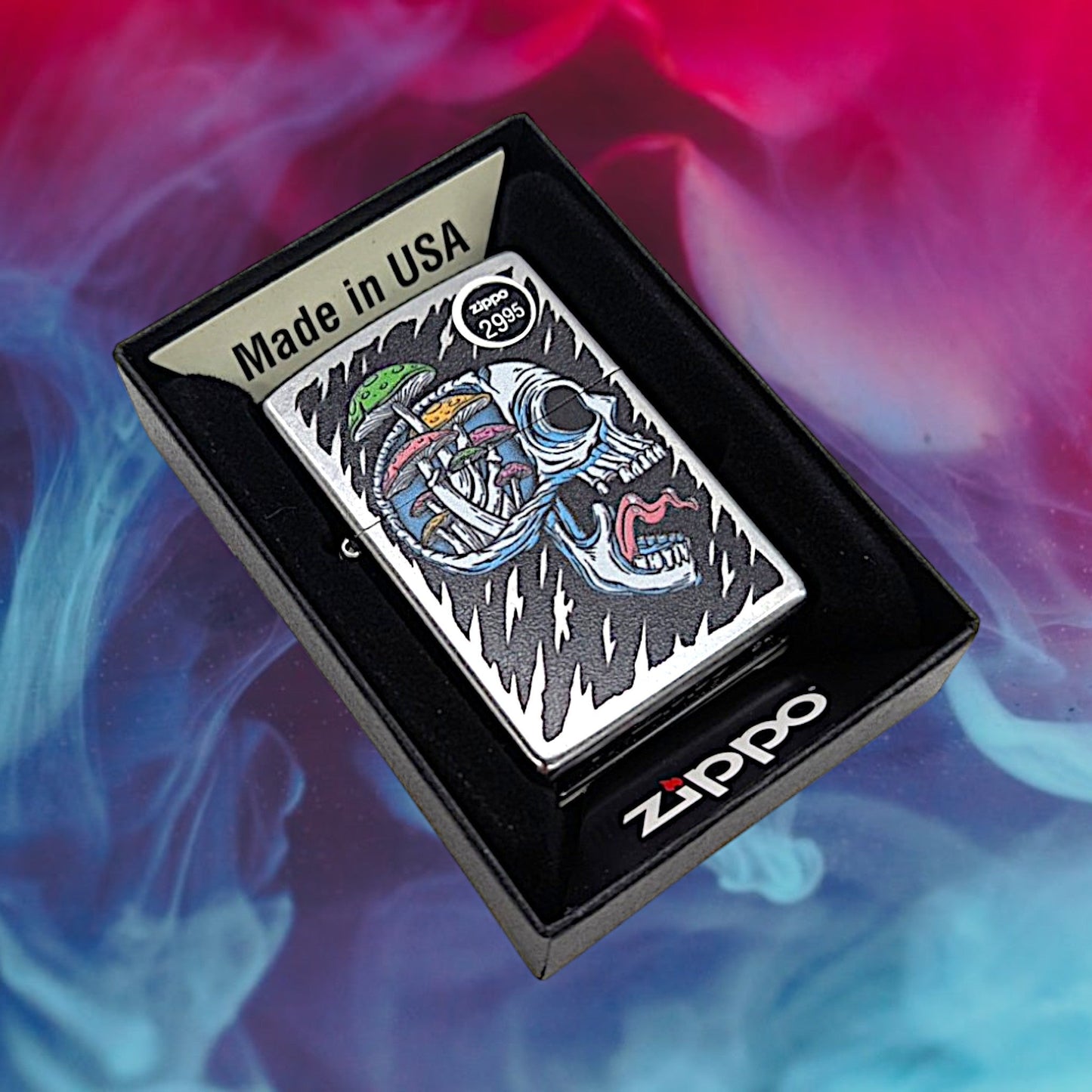 Mushroom Skull Zippo Lighter with bold design in box, Made in USA.